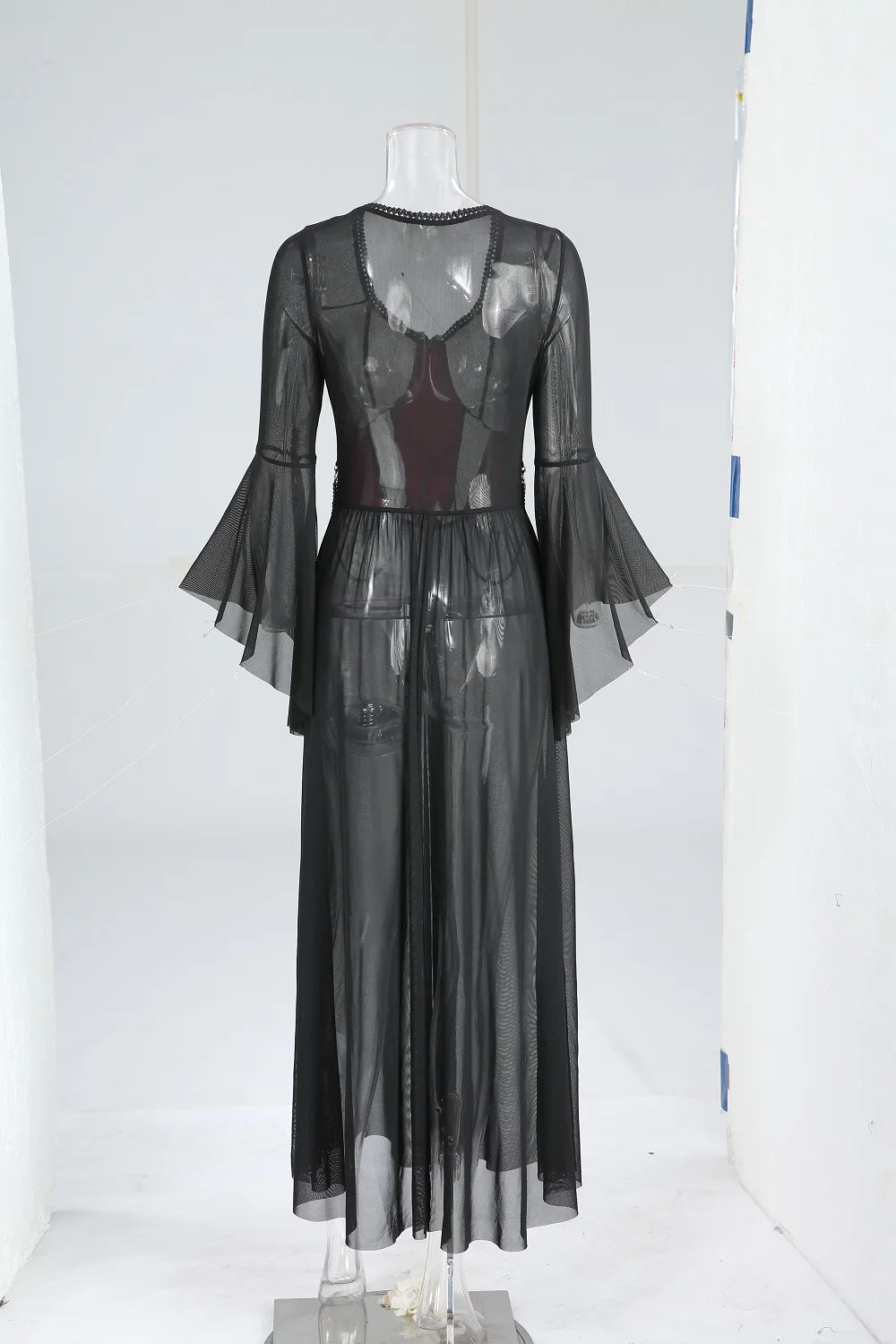 ROSEGAL Gothic Dresses For Girls, Black Flare Sleeves Spider Web Beading Chain Sexy Lace Sheer Mesh See Through Dress Vestidos