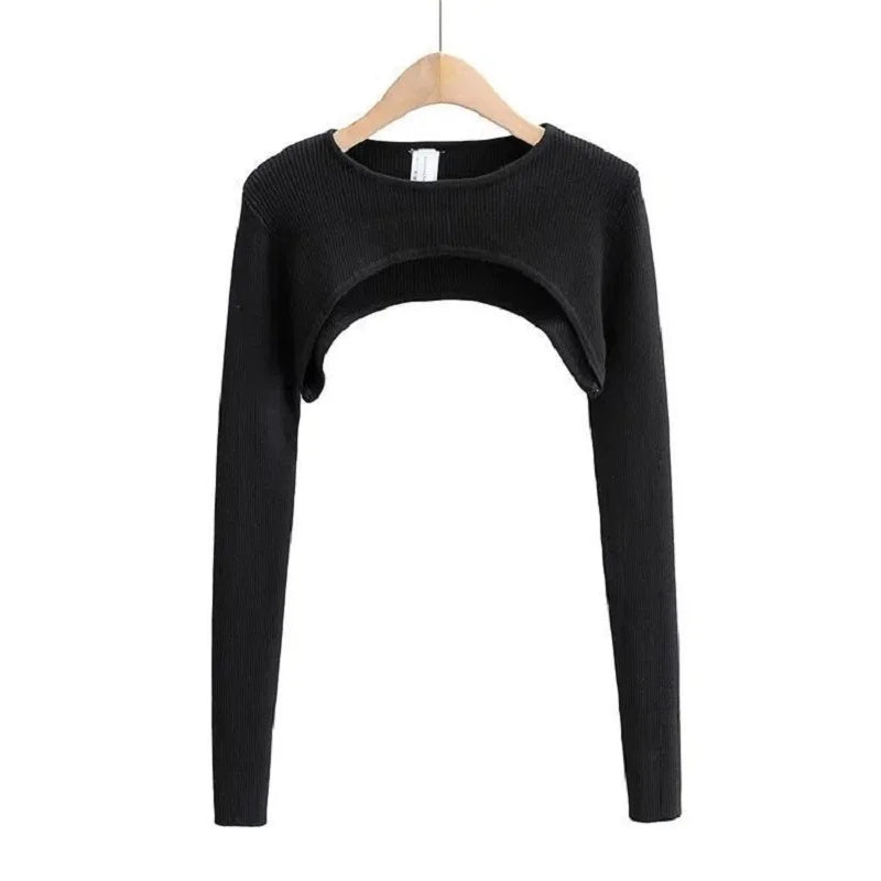 Y2k Aesthetic Clothes O-neck Black White Sexy Harajuku Knitted Tshirt 2024 T-shirts Women Long Sleeve Crop Top Spring Autumn