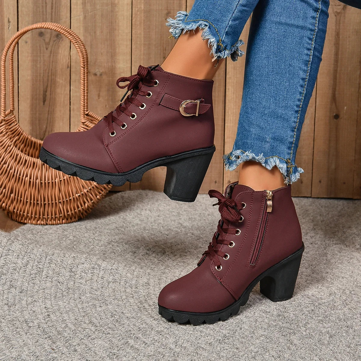 2024 New Spring Winter Women Pumps Boots High Quality Lace-up European Ladies Shoes PU High Heels Boots Fast Delivery