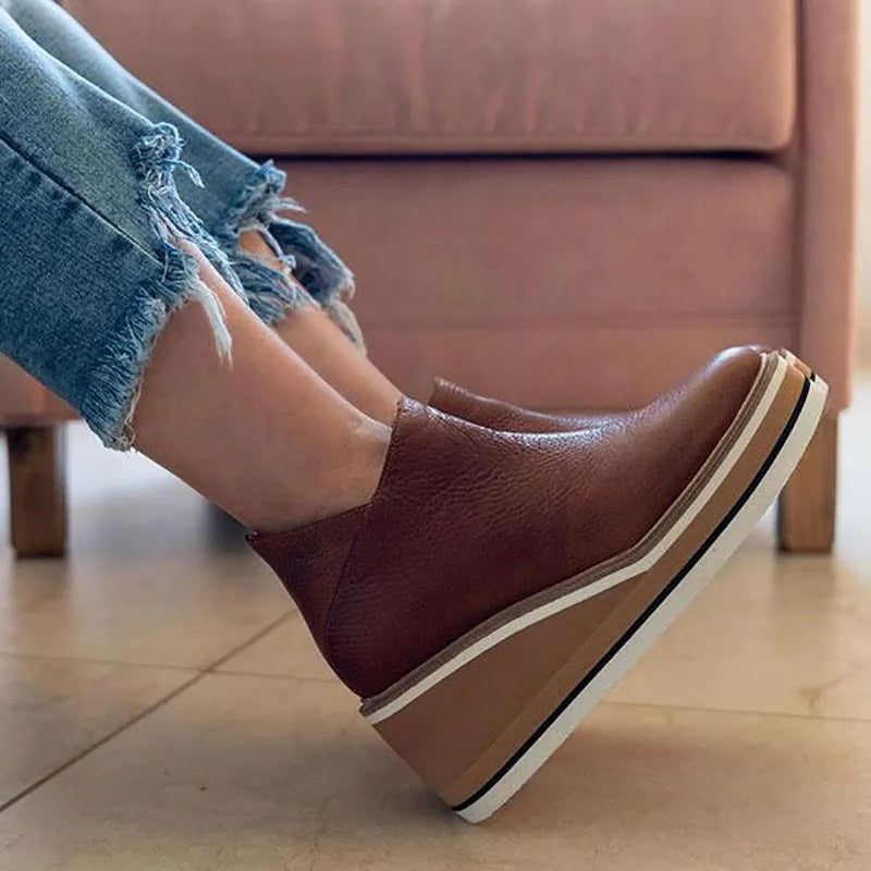 Wedges Women's Boots Retro Female Ankle Boots Trend Round Toe Platform Booties Comfortable Zipper Leather Shoes for Women Heeled