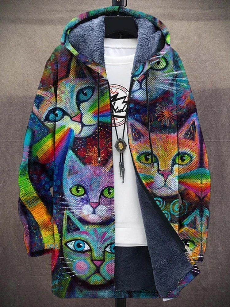 Men Jackets Coats Cute Cats Kitty Printed Zipper Cardigans Cozy Art Graphics Plush Thick Winter Warm Casual Streetwear Clothing