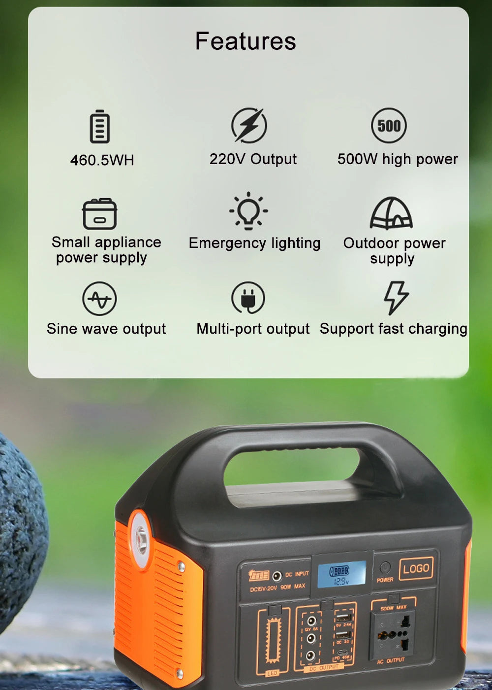 300W 500W Portable Power Station 460Wh Solar Generator 110V 220V Camping Solar Charging Station Emergency Energy Storage Supply