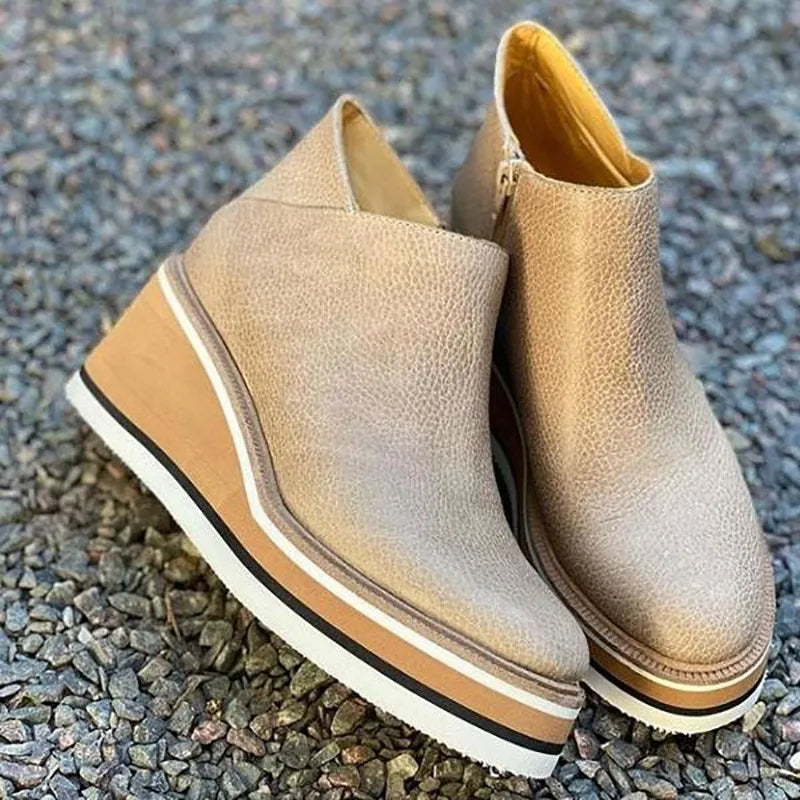 Wedges Women's Boots Retro Female Ankle Boots Trend Round Toe Platform Booties Comfortable Zipper Leather Shoes for Women Heeled