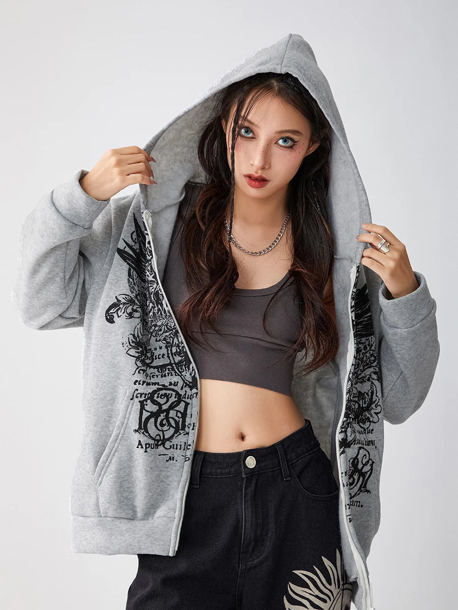 Women s Full Zip Hoodies Vintage Wings Print Long Sleeve Oversized Sweatshirts Grunge Jackets