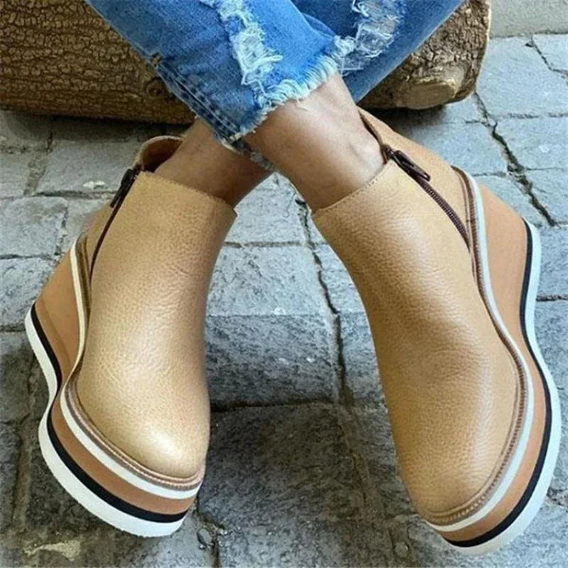 Wedges Women's Boots Retro Female Ankle Boots Trend Round Toe Platform Booties Comfortable Zipper Leather Shoes for Women Heeled