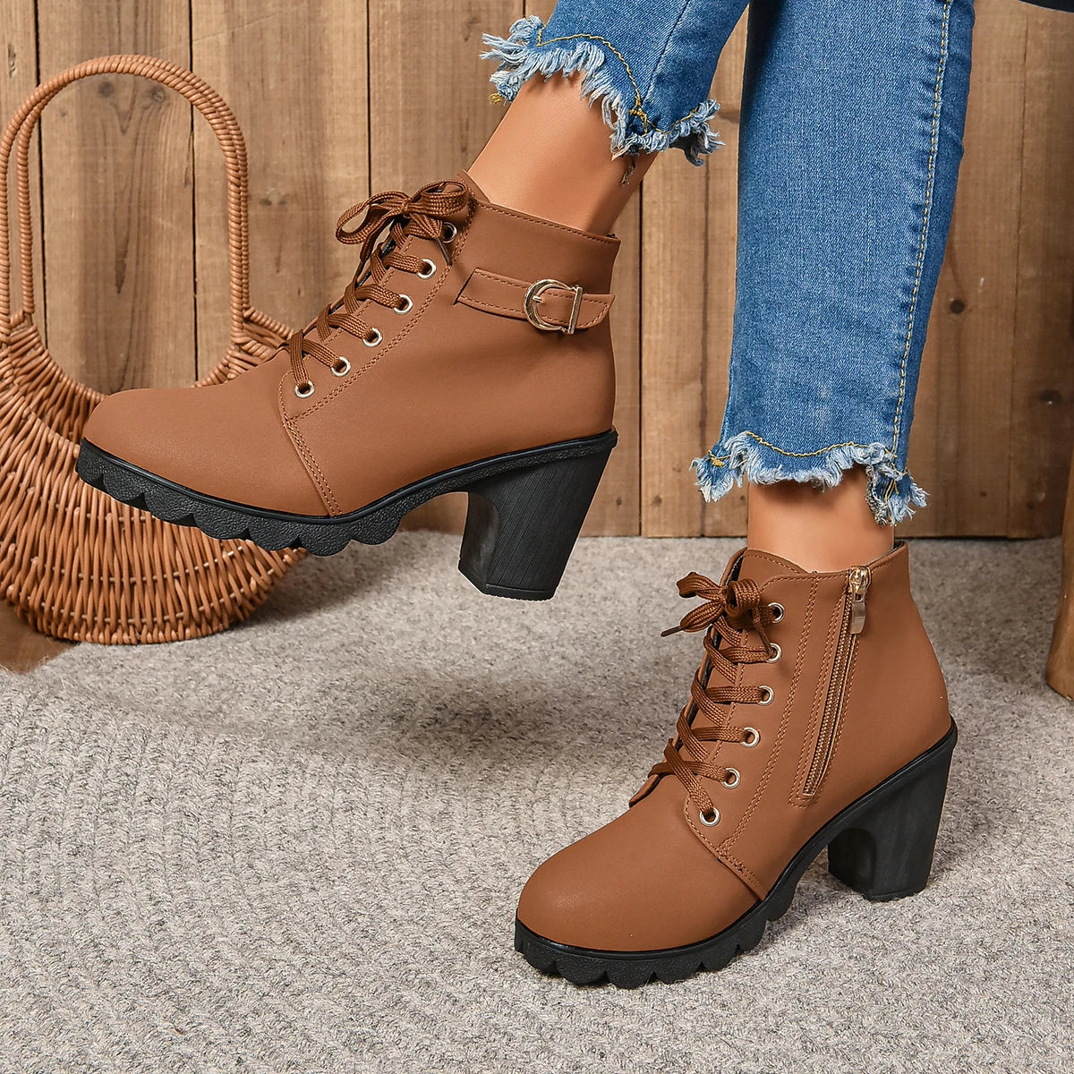 2024 New Spring Winter Women Pumps Boots High Quality Lace-up European Ladies Shoes PU High Heels Boots Fast Delivery