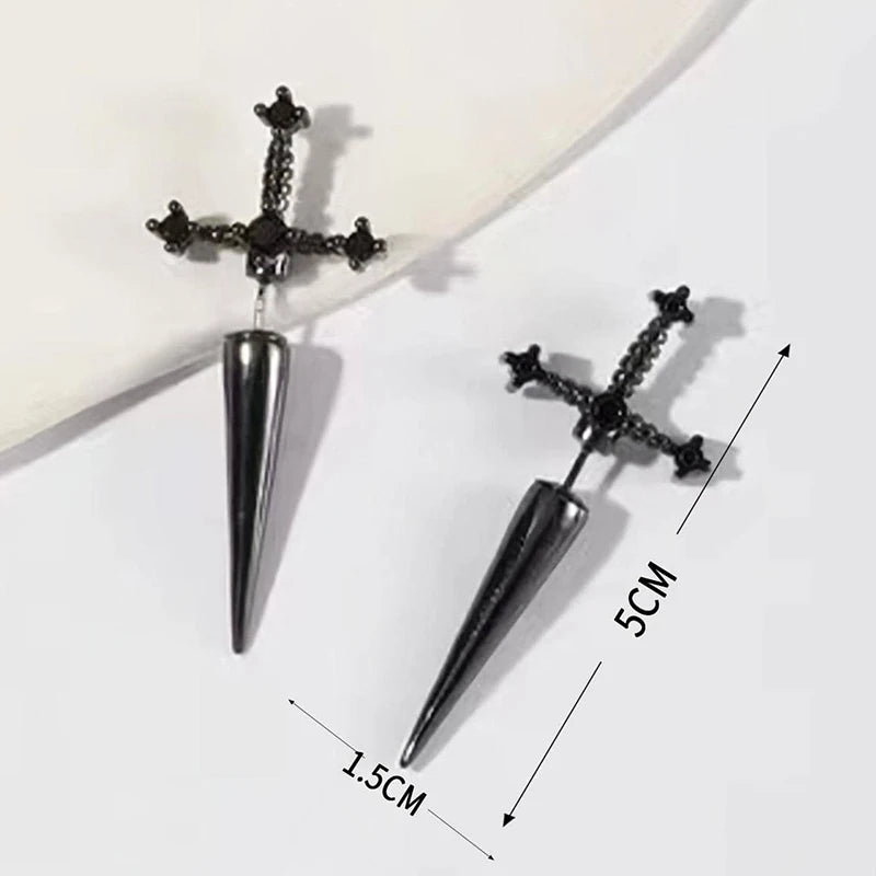 Hip Hop Cross Sword Stud Earrings For Women Classic Blask Crystal Stone Silver Ox Gold Black Color Personality Simple Jewelery