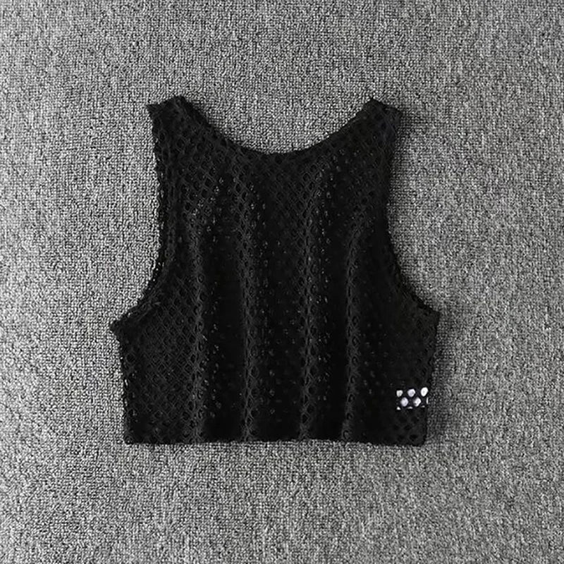 Sexy Black/Red Hollow Out Crop Top 2023 Mesh T-shirt Female Loose Fashion Summer Basic Tops For Women Fishnet Shirt