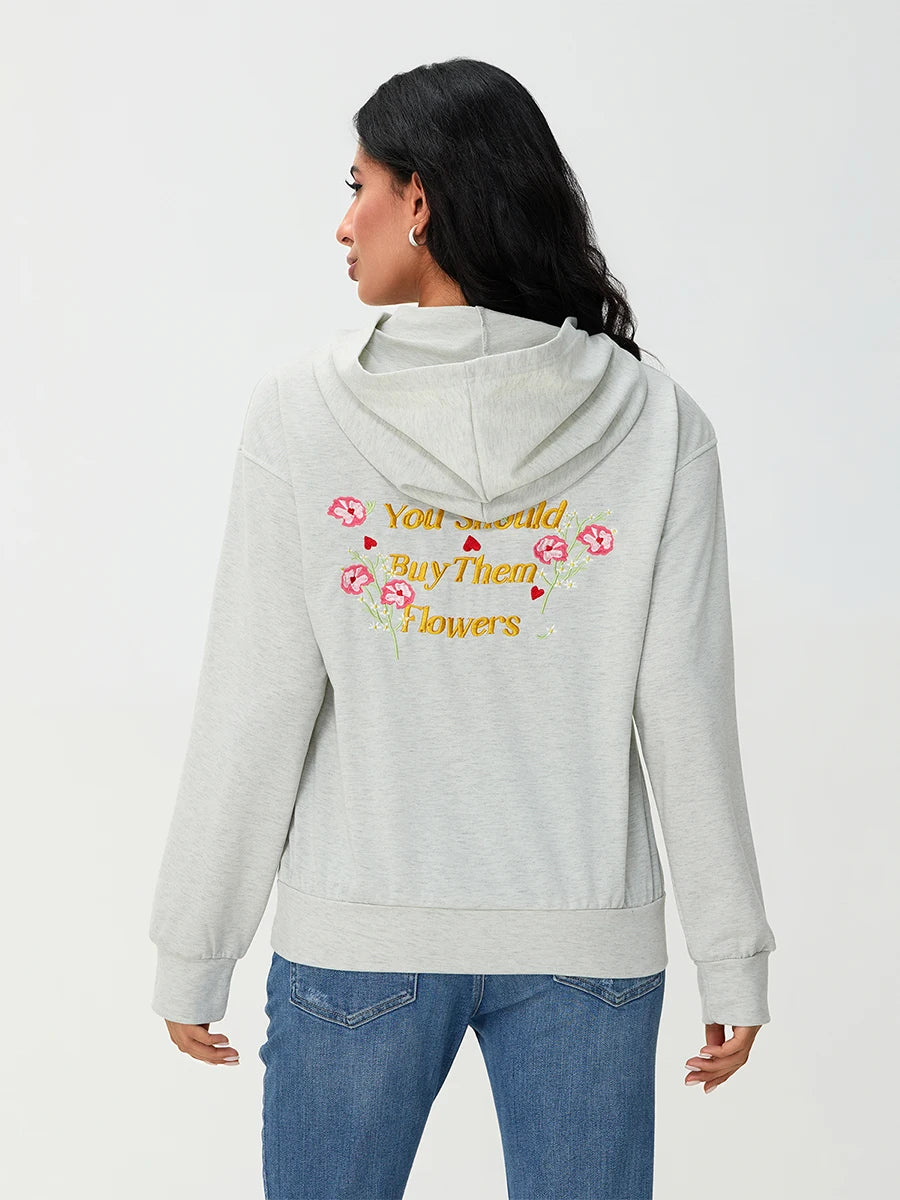 Women s Casual Pullover Hoodies Long Sleeve Floral Print Loose Sweatshirts Streetwear Tops with Embroidered Letters