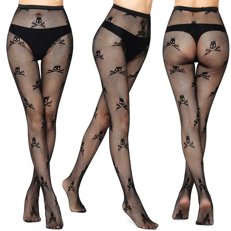 Sexy Mesh Stockings Print Patterns Flower Heart Skull Nylon Push Up Slim Women Fishnet Tights Y2k Party Club Gothic Pantyhose