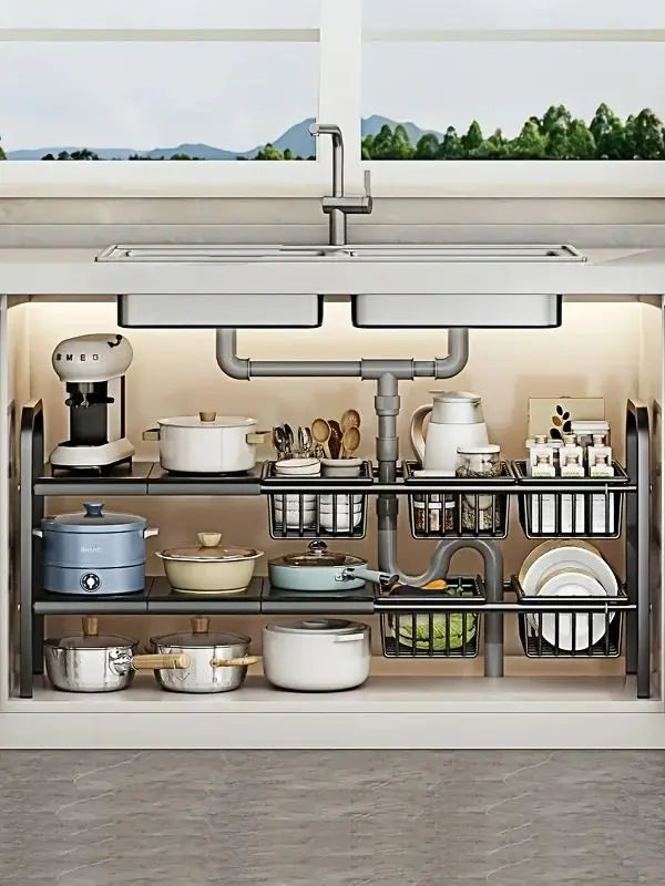 HOMEFISH 1pc 2-Tier Under Sink Organizers,Kitchen Pot Rack, Bathroom, Washbasin, Cabinet Layered Storage Rack, Storage Basket Ca