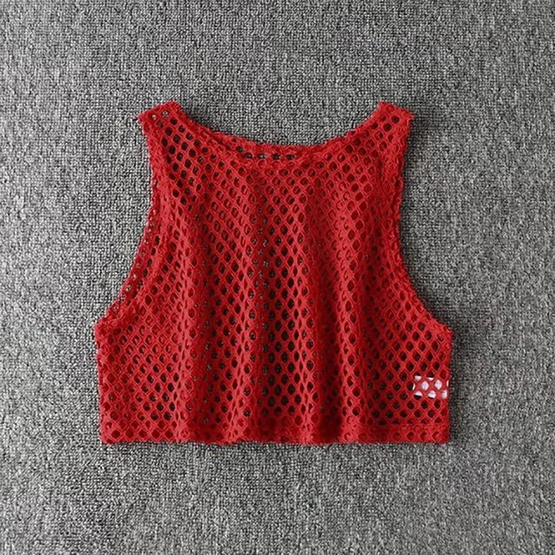 Sexy Black/Red Hollow Out Crop Top 2023 Mesh T-shirt Female Loose Fashion Summer Basic Tops For Women Fishnet Shirt