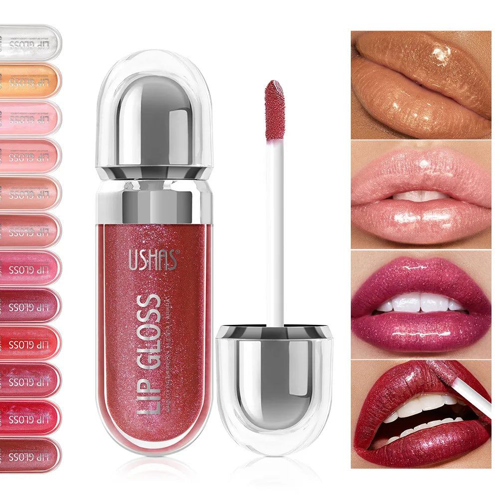 USHAS 12 colors mirror fine flash liquid lipstick pearlescent color waterproof sweatproof non-stick cup lip gloss