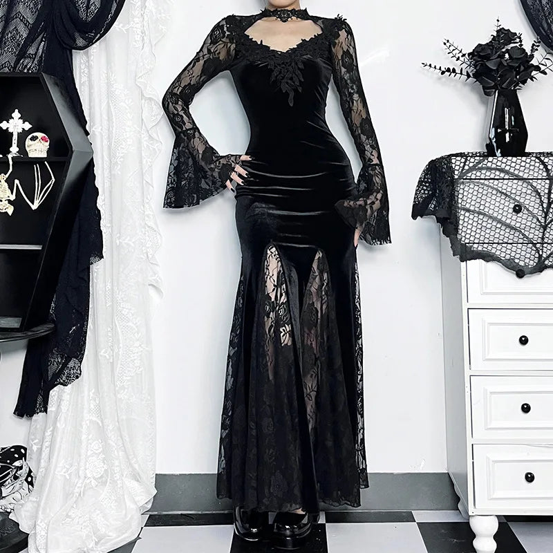 Aesthetic Gothic Midi Dress Women Vintage Split Maxi Dresses Vintage Black Velvet Chain Patchwork Bodycon Long Dress Grunge Robe
