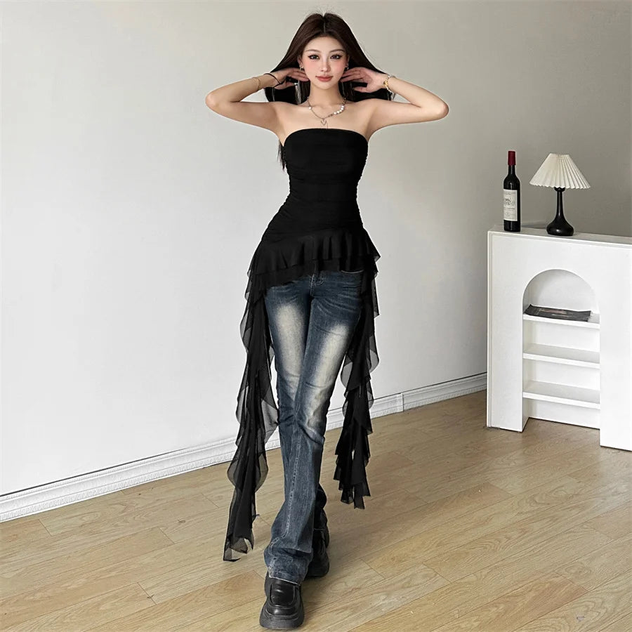 Nibber 2024 Spring New Solid Color Sweet Gentle Cute All-match High Street Travel Sexy Cool Women Chest Wrap ruched Tassel Vest