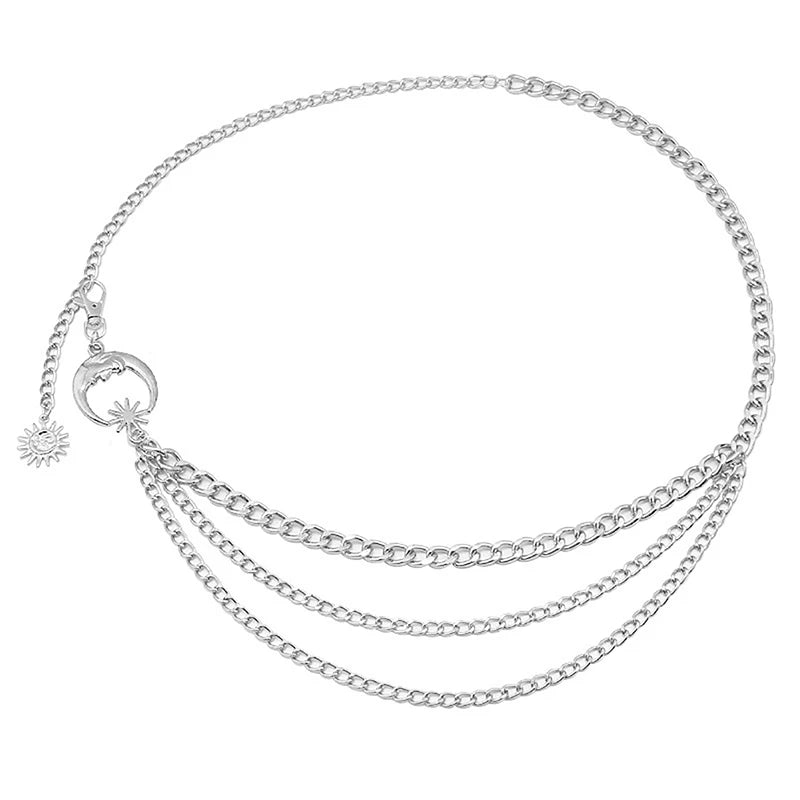 1Pc Women Waist Chain Belt for Dress Skirt Belts with Moon Star Waistbands Gold Silver Ladies Clothing Accessories