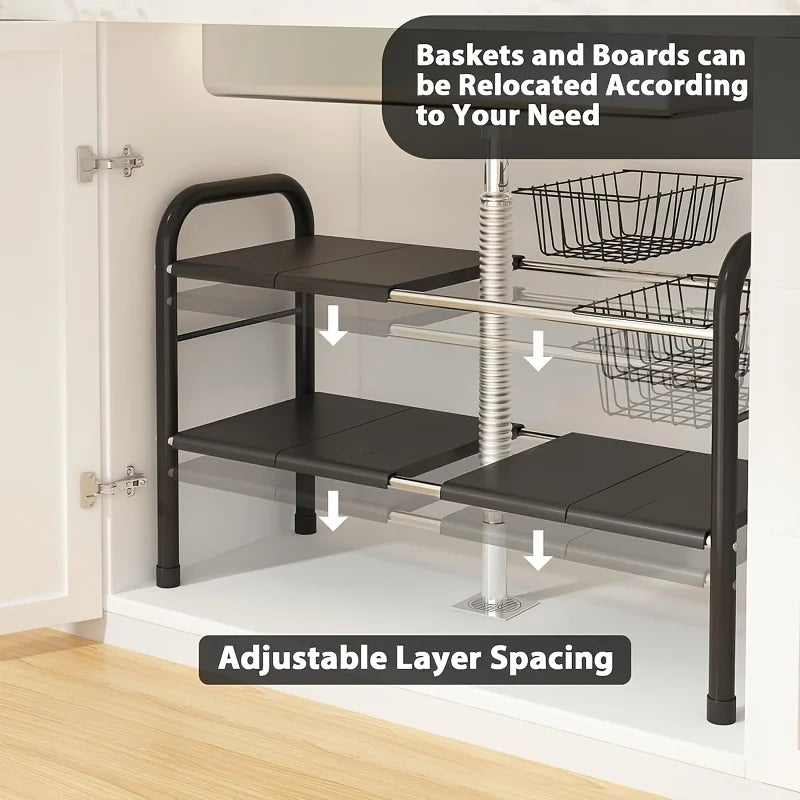 HOMEFISH 1pc 2-Tier Under Sink Organizers,Kitchen Pot Rack, Bathroom, Washbasin, Cabinet Layered Storage Rack, Storage Basket Ca