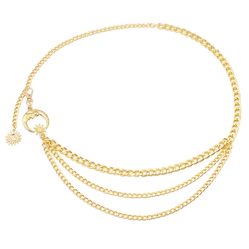 1Pc Women Waist Chain Belt for Dress Skirt Belts with Moon Star Waistbands Gold Silver Ladies Clothing Accessories
