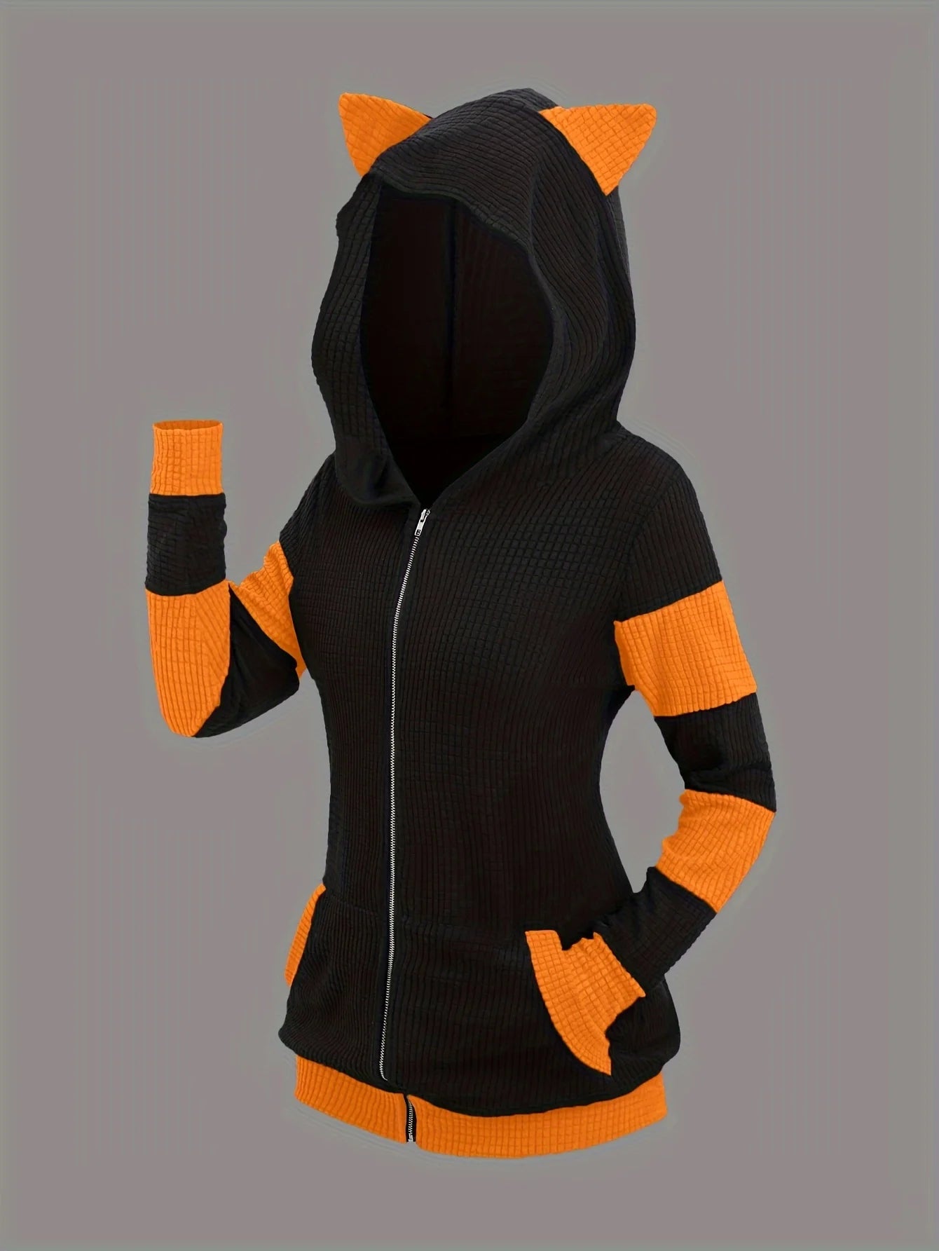 2024 European and American fashion women's new thick cat ears in autumn and winter long color matching hooded sweater coat