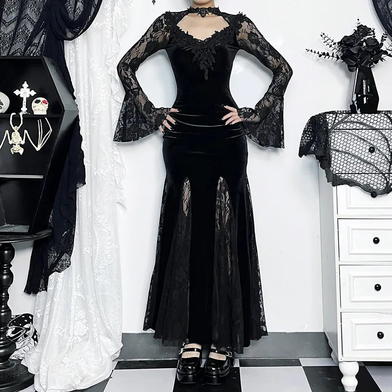 Aesthetic Gothic Midi Dress Women Vintage Split Maxi Dresses Vintage Black Velvet Chain Patchwork Bodycon Long Dress Grunge Robe