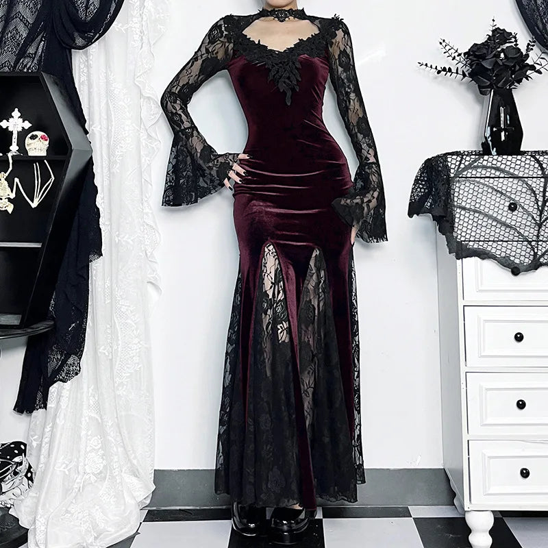 Aesthetic Gothic Midi Dress Women Vintage Split Maxi Dresses Vintage Black Velvet Chain Patchwork Bodycon Long Dress Grunge Robe