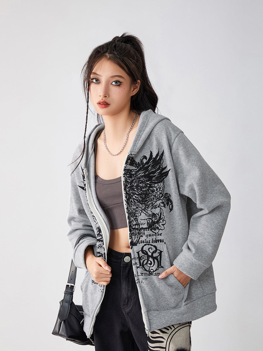 Women s Full Zip Hoodies Vintage Wings Print Long Sleeve Oversized Sweatshirts Grunge Jackets