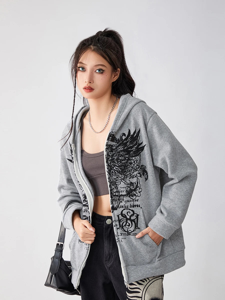 Women s Full Zip Hoodies Vintage Wings Print Long Sleeve Oversized Sweatshirts Grunge Jackets