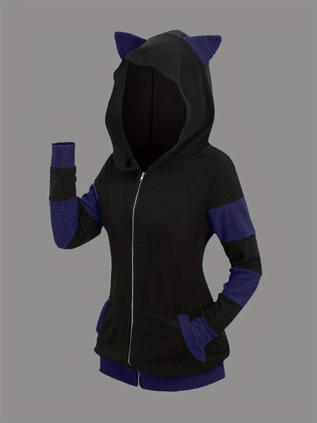 2024 European and American fashion women's new thick cat ears in autumn and winter long color matching hooded sweater coat