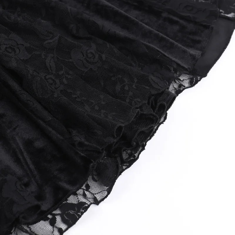 Aesthetic Gothic Midi Dress Women Vintage Split Maxi Dresses Vintage Black Velvet Chain Patchwork Bodycon Long Dress Grunge Robe