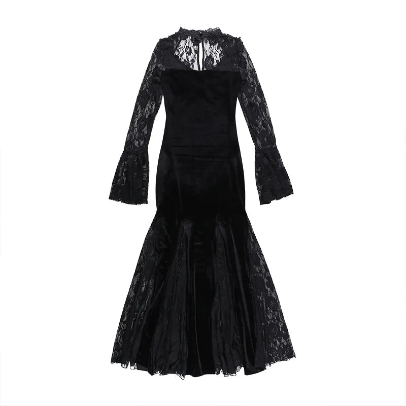 Aesthetic Gothic Midi Dress Women Vintage Split Maxi Dresses Vintage Black Velvet Chain Patchwork Bodycon Long Dress Grunge Robe