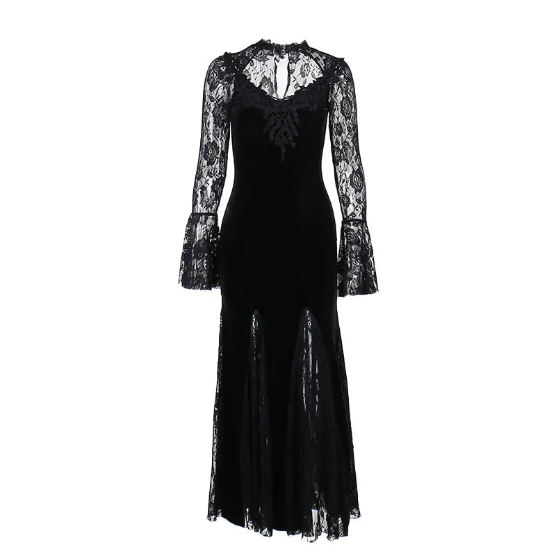 Aesthetic Gothic Midi Dress Women Vintage Split Maxi Dresses Vintage Black Velvet Chain Patchwork Bodycon Long Dress Grunge Robe