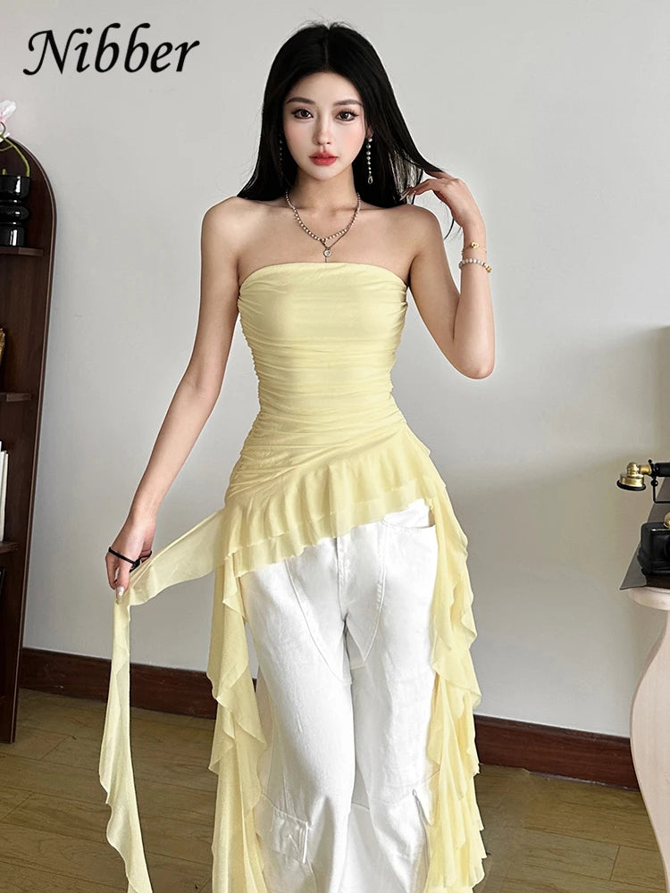 Nibber 2024 Spring New Solid Color Sweet Gentle Cute All-match High Street Travel Sexy Cool Women Chest Wrap ruched Tassel Vest