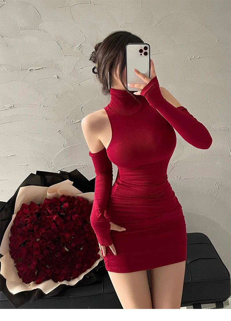 2025 New Women's Mini Dress Sleeveless Pleated Skinny Dress High Neck Lace Up Autumn Black Tight Elastic Party Tank Dresses