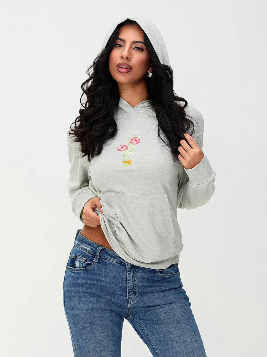 Women s Casual Pullover Hoodies Long Sleeve Floral Print Loose Sweatshirts Streetwear Tops with Embroidered Letters