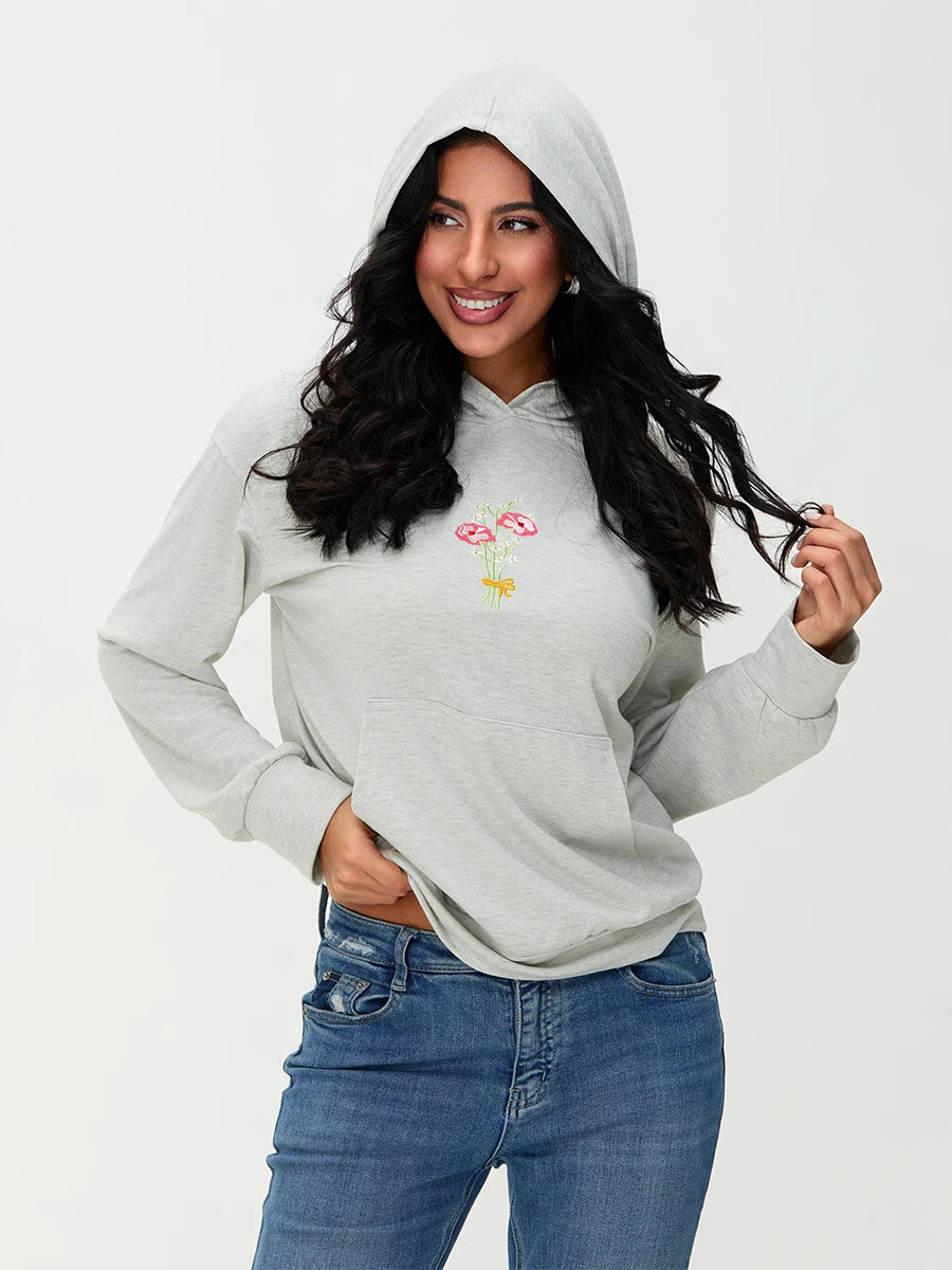 Women s Casual Pullover Hoodies Long Sleeve Floral Print Loose Sweatshirts Streetwear Tops with Embroidered Letters