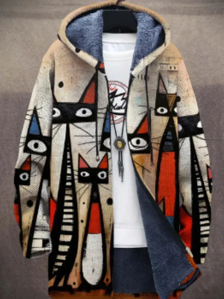 Men Jackets Coats Cute Cats Kitty Printed Zipper Cardigans Cozy Art Graphics Plush Thick Winter Warm Casual Streetwear Clothing