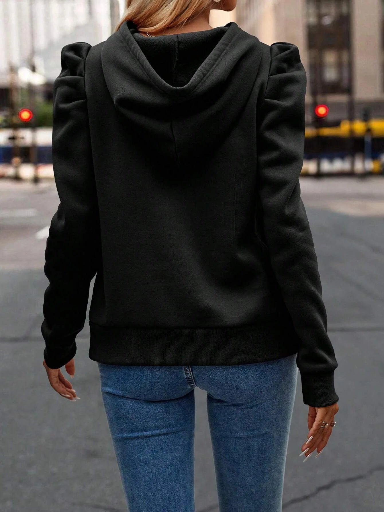 Women Casual Hoodies Long Ruffle Sleeve Solid Lightweight Pullover Tops Loose Sweatshirt with Drawstrings