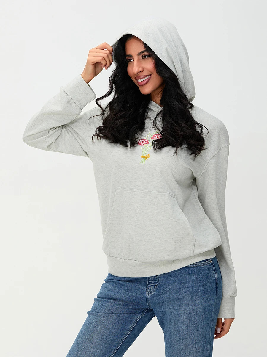 Women s Casual Pullover Hoodies Long Sleeve Floral Print Loose Sweatshirts Streetwear Tops with Embroidered Letters