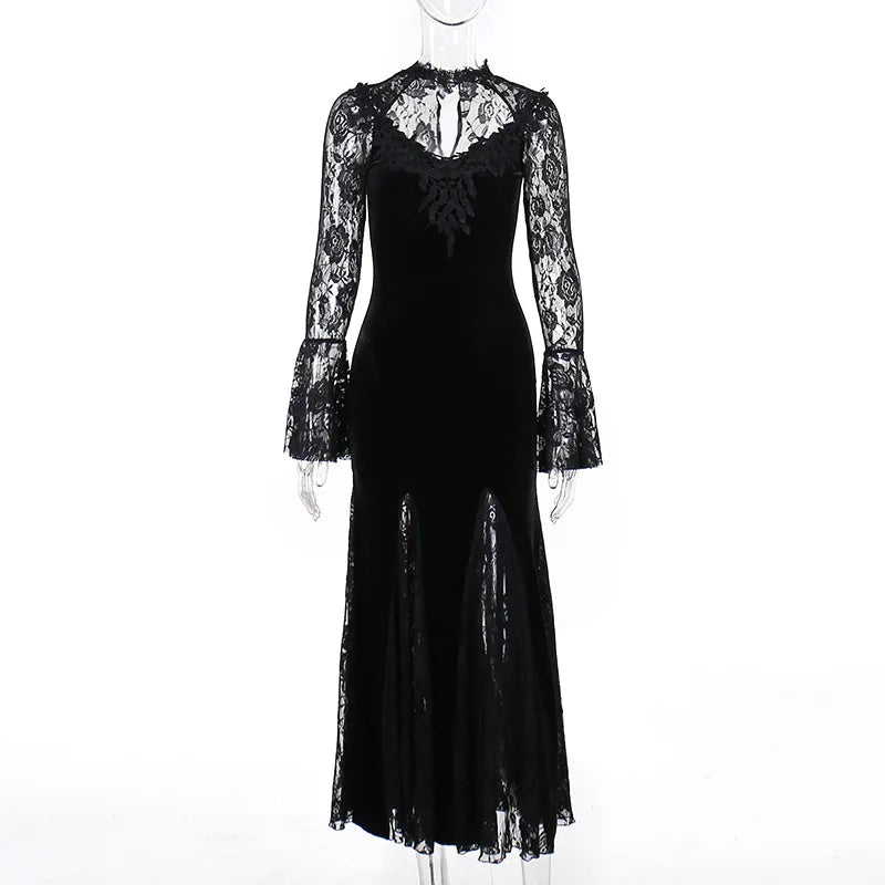 Aesthetic Gothic Midi Dress Women Vintage Split Maxi Dresses Vintage Black Velvet Chain Patchwork Bodycon Long Dress Grunge Robe