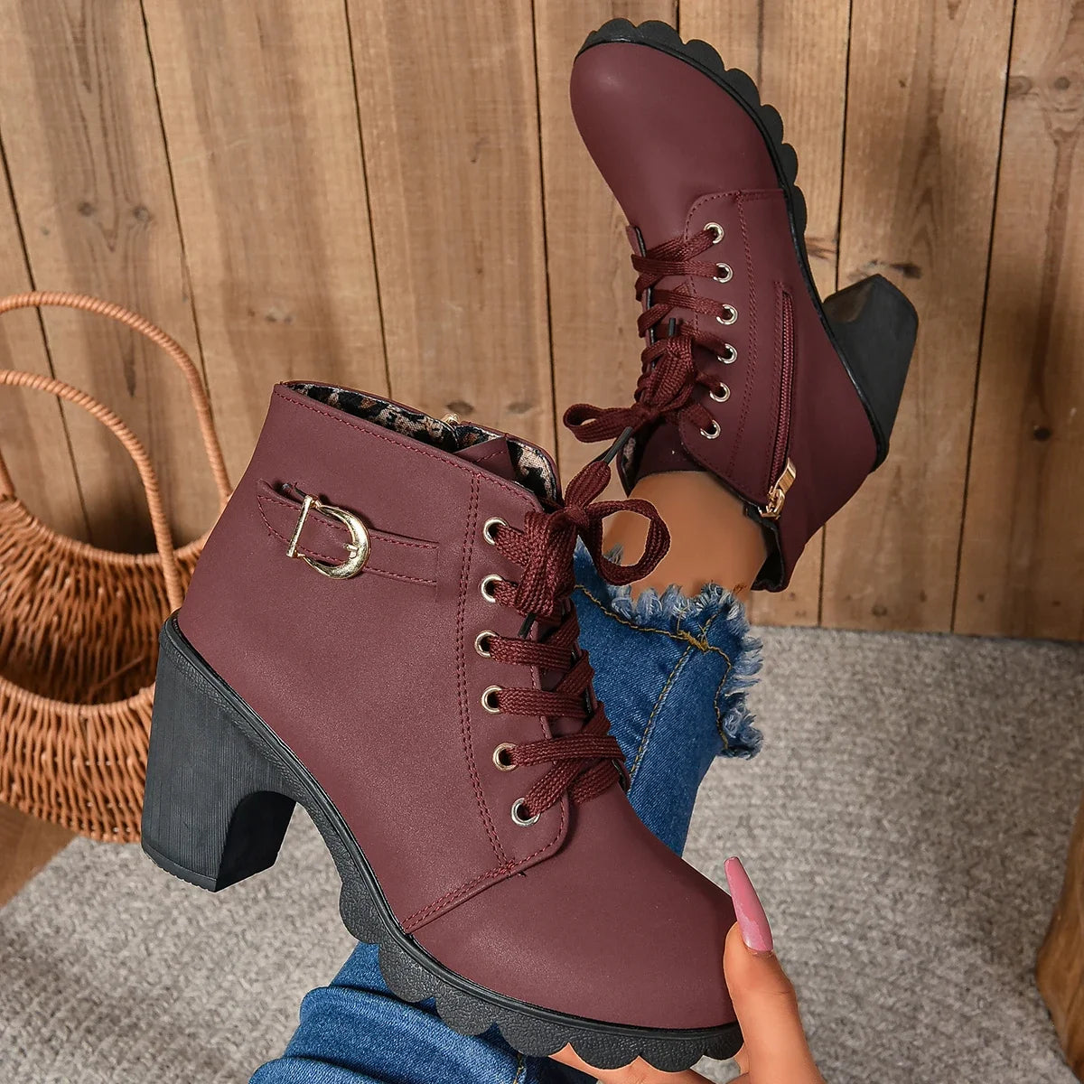 2024 New Spring Winter Women Pumps Boots High Quality Lace-up European Ladies Shoes PU High Heels Boots Fast Delivery