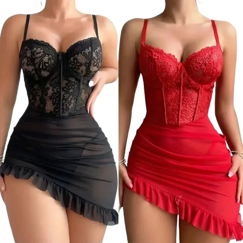 Transparent Underwire Bra Erotic Set Sexy Fairy Lingerie Women's See Through Lace Nightdress Pajamas Sets Delicate Sexy Nighty
