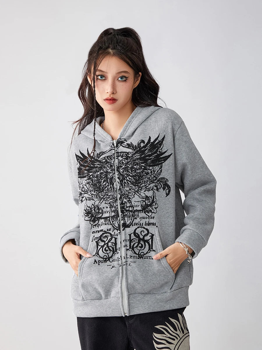 Women s Full Zip Hoodies Vintage Wings Print Long Sleeve Oversized Sweatshirts Grunge Jackets