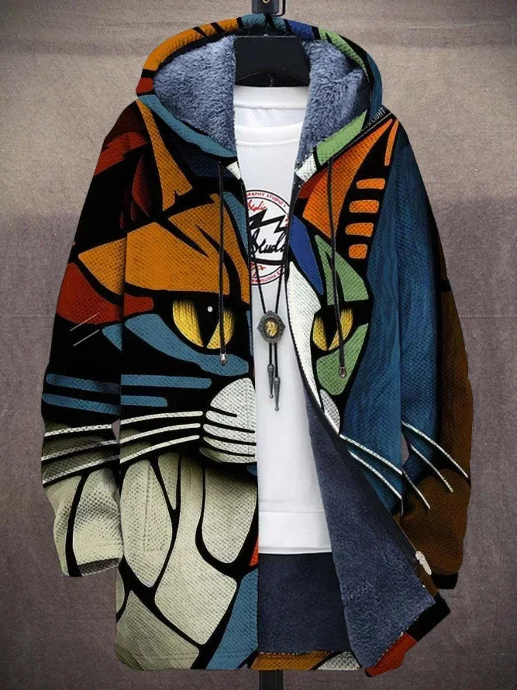 Men Jackets Coats Cute Cats Kitty Printed Zipper Cardigans Cozy Art Graphics Plush Thick Winter Warm Casual Streetwear Clothing