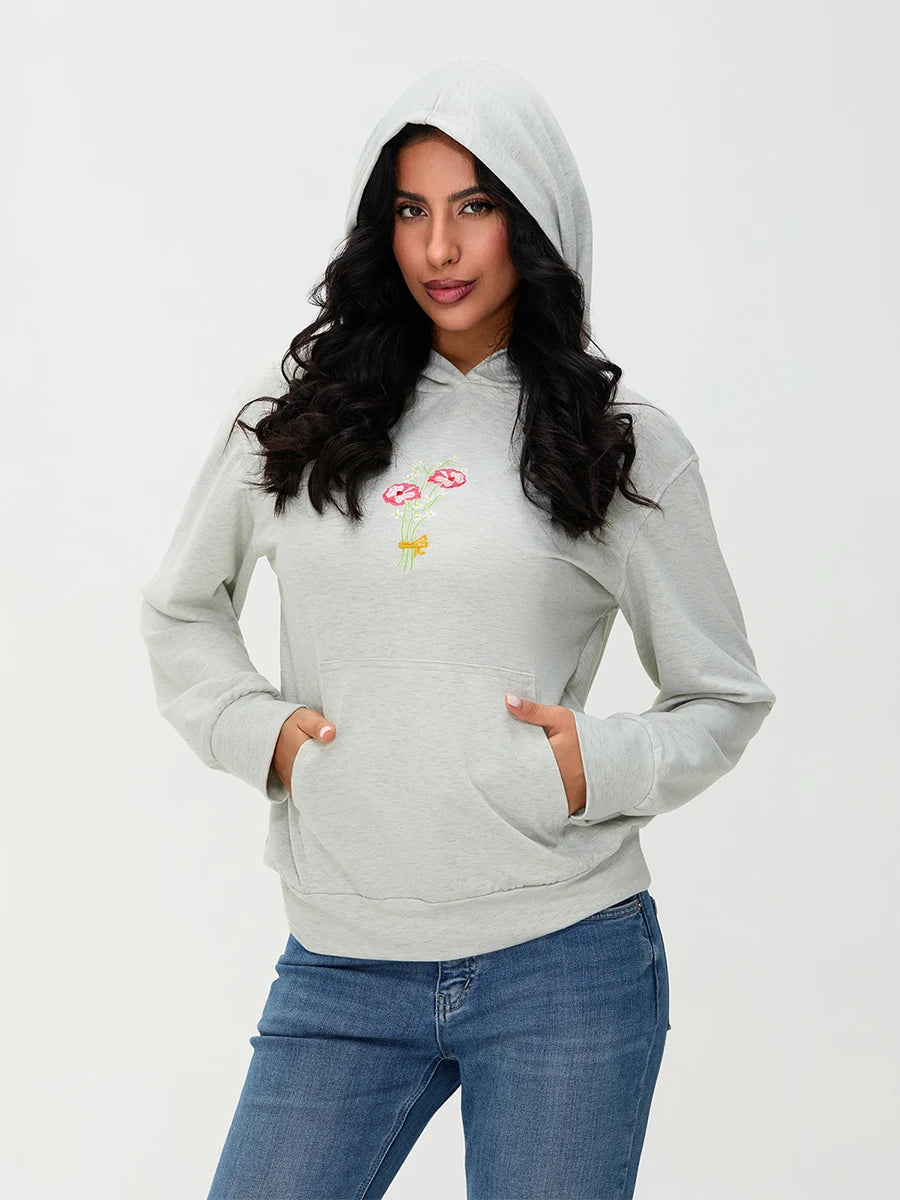 Women s Casual Pullover Hoodies Long Sleeve Floral Print Loose Sweatshirts Streetwear Tops with Embroidered Letters