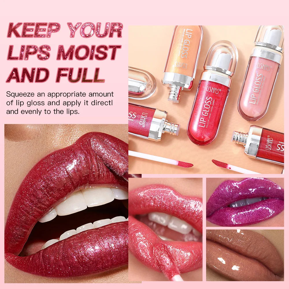 USHAS 12 colors mirror fine flash liquid lipstick pearlescent color waterproof sweatproof non-stick cup lip gloss