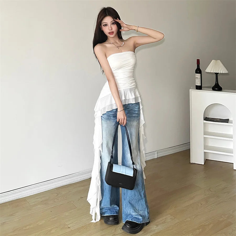 Nibber 2024 Spring New Solid Color Sweet Gentle Cute All-match High Street Travel Sexy Cool Women Chest Wrap ruched Tassel Vest