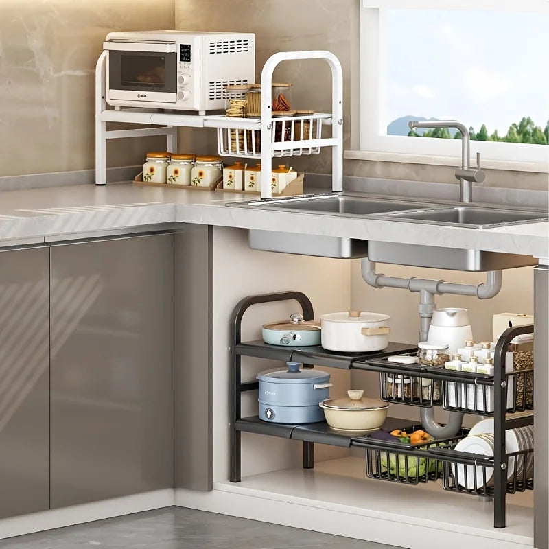 HOMEFISH 1pc 2-Tier Under Sink Organizers,Kitchen Pot Rack, Bathroom, Washbasin, Cabinet Layered Storage Rack, Storage Basket Ca