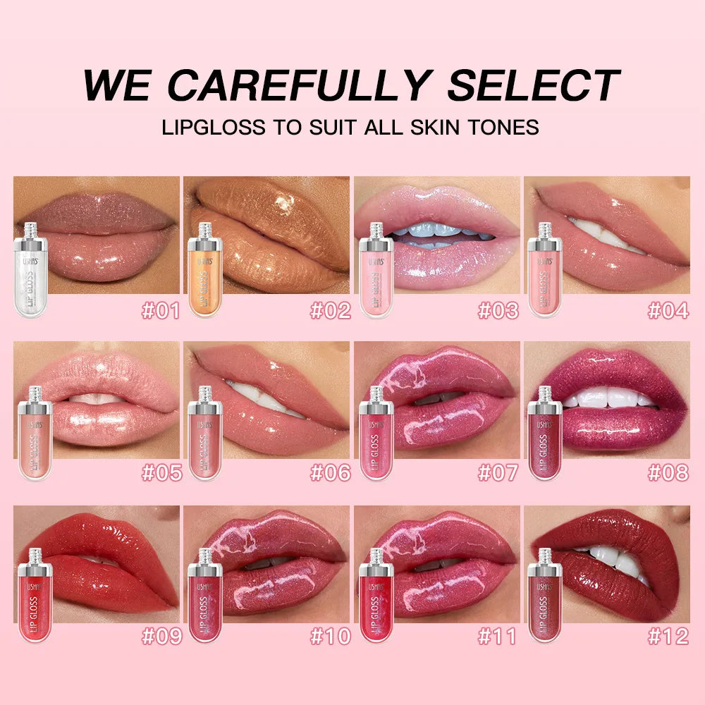 USHAS 12 colors mirror fine flash liquid lipstick pearlescent color waterproof sweatproof non-stick cup lip gloss