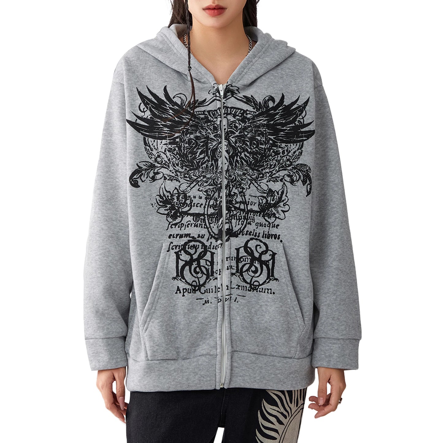 Women s Full Zip Hoodies Vintage Wings Print Long Sleeve Oversized Sweatshirts Grunge Jackets