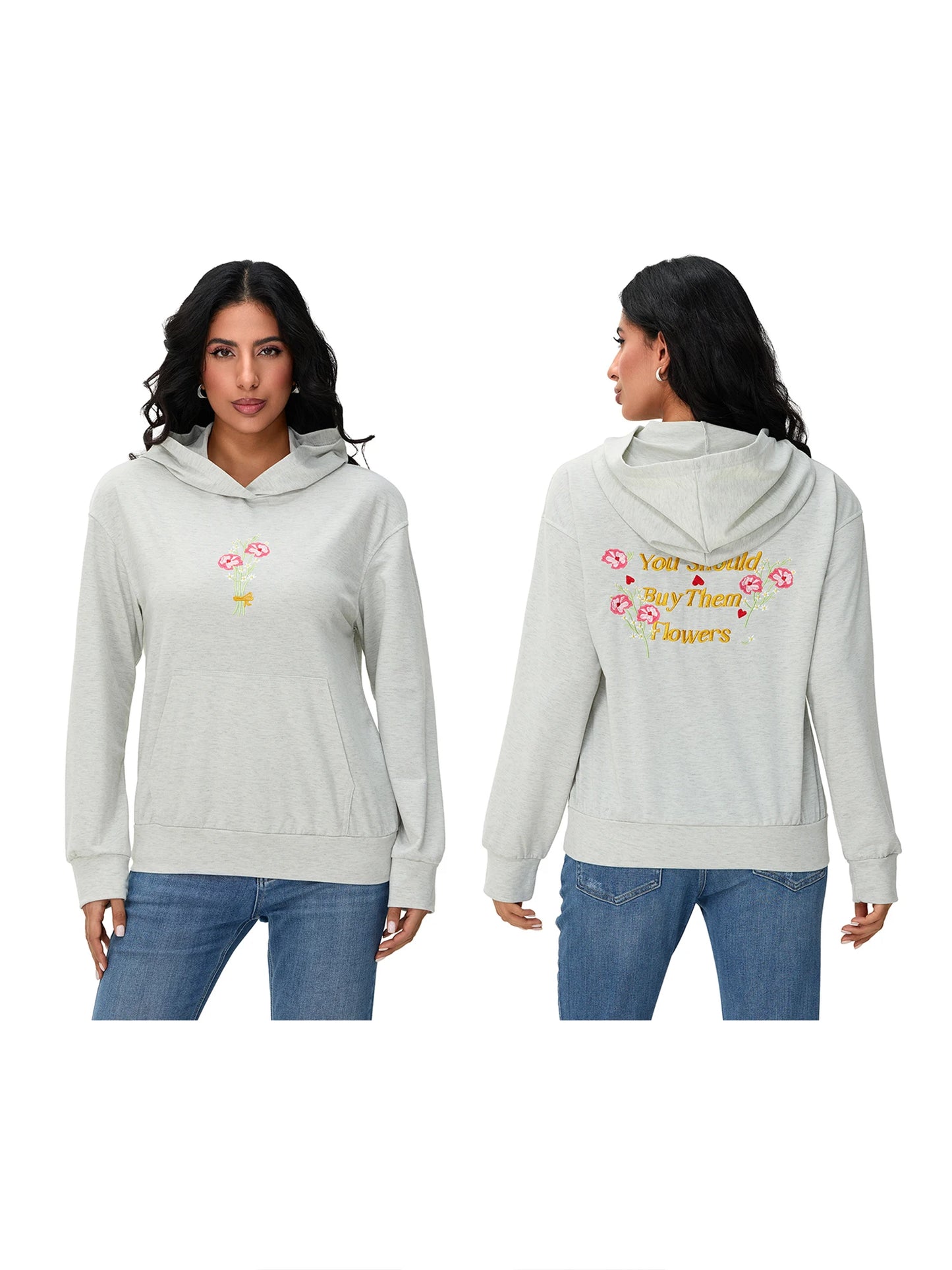 Women s Casual Pullover Hoodies Long Sleeve Floral Print Loose Sweatshirts Streetwear Tops with Embroidered Letters
